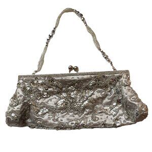 Vintage Silver Satin  beaded Clutch Purse /Handbag/ Evening Bag